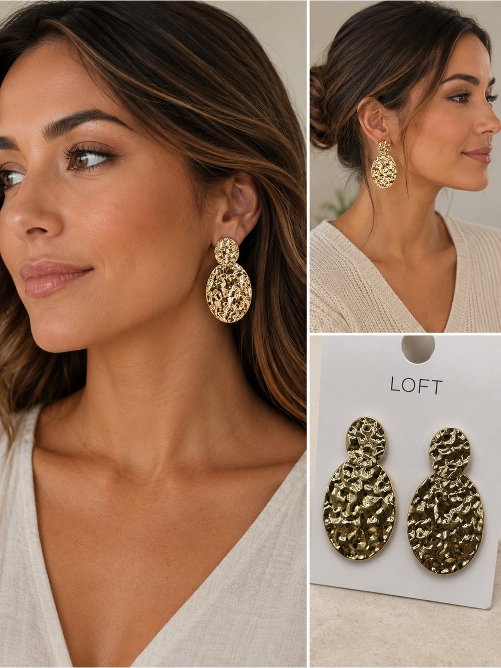 LOFT Gold Tone Hammered Statement Drop Earrings NWT